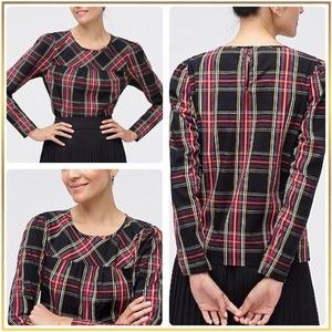 J CREW Blouse Top Womens Small Black Red Green Plaid Long Sleeve Pullover